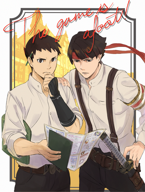 2boys ace_attorney armband belt black_eyes black_hair brown_belt closed_mouth collared_shirt fingerless_gloves gloves hand_on_another's_shoulder hand_on_hip hand_on_own_chin headband holding katana kazuma_asogi long_sleeves male_focus multiple_boys officinale_t pamphlet pants pencil pencil_behind_ear red_headband ryunosuke_naruhodo shirt short_hair single_fingerless_glove suspenders sword the_great_ace_attorney weapon white_shirt