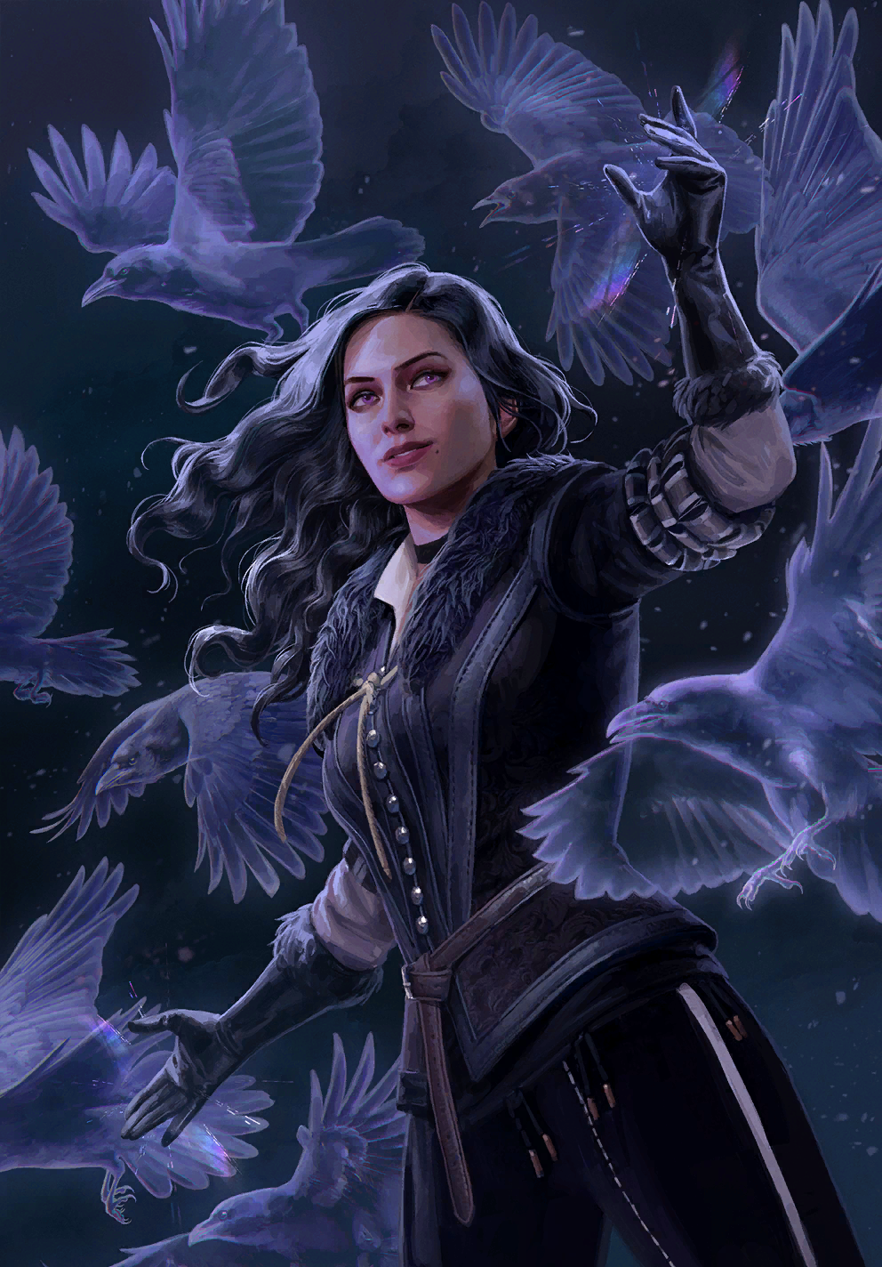 1girl bird black_gloves black_hair black_pants crow gloves gwent_(game) highres long_hair magic mole mole_under_mouth non-web_source pants purple_eyes the_witcher_(series) the_witcher_3 yennefer_of_vengerberg