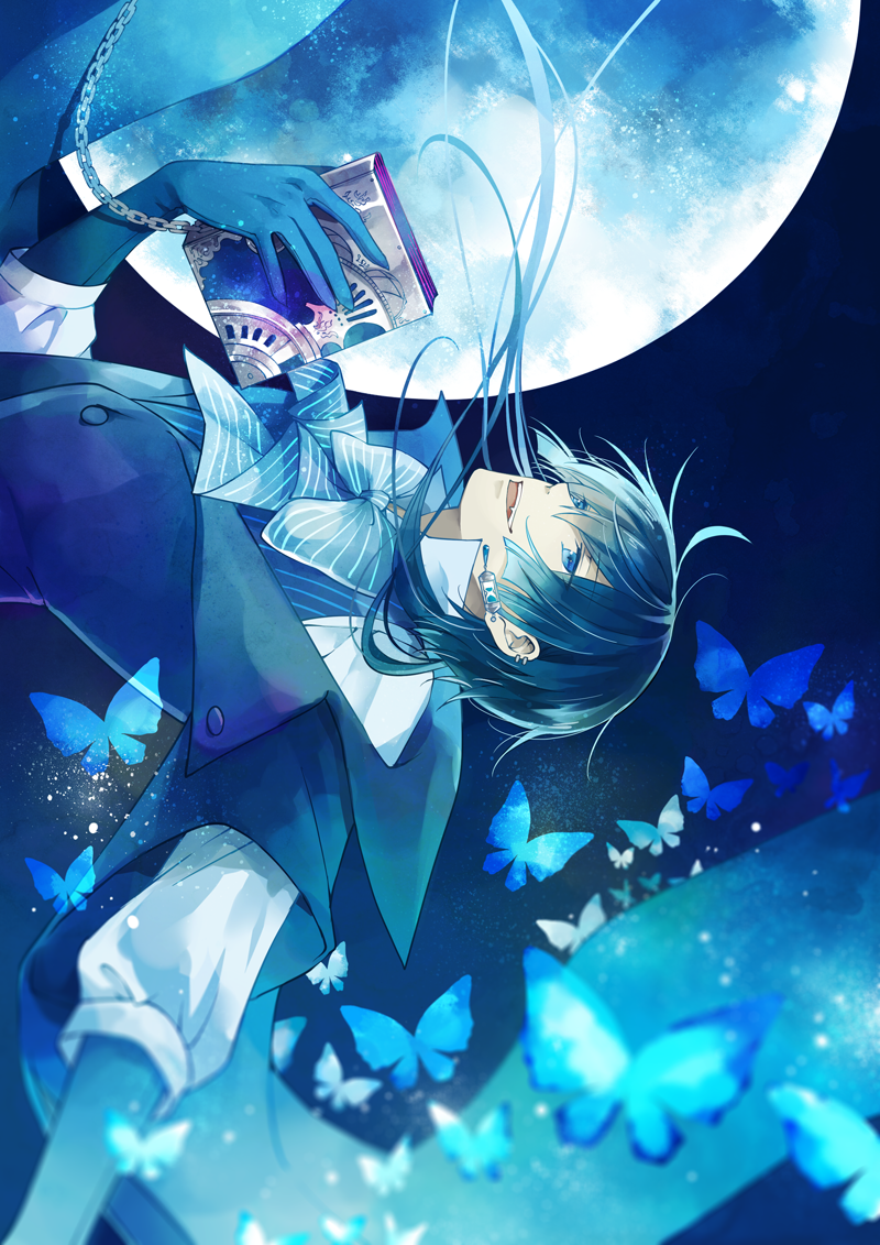 1boy :d blue_background blue_bow blue_bowtie blue_butterfly blue_eyes blue_gloves blue_hair blue_jacket blue_theme blue_vest blunt_ends book bow bowtie bug butterfly chain commentary ear_piercing earrings english_commentary fang full_moon gloves hair_between_eyes holding holding_book hourglass jacket jewelry long_hair looking_up male_focus moon piercing pinstripe_pattern pinstripe_vest popped_collar shirt sideways smile solo striped striped_bow striped_bowtie teeth upper_body upper_teeth_only vanitas_(vanitas_no_carte) vanitas_no_carte vest white_shirt wide_sleeves winniconan