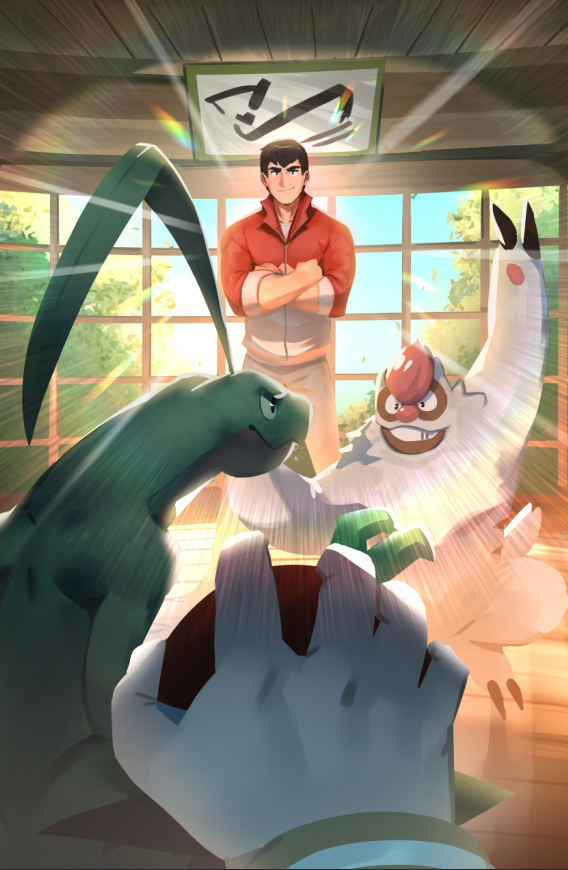 1boy 1other bangs black_hair blurry closed_mouth collared_jacket commentary crossed_arms cyanroll day grovyle holding holding_poke_ball indoors jacket norman_(pokemon) pants poke_ball poke_ball_(basic) pokemon pokemon_(creature) pokemon_(game) pokemon_oras red_jacket shirt short_hair smile standing vigoroth window wooden_floor