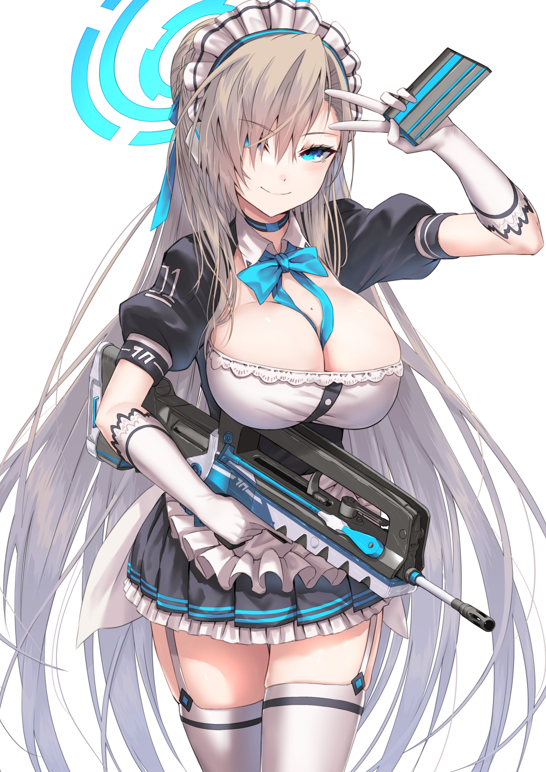 1girl assault_rifle asuna_(blue_archive) blue_archive blue_eyes blush breasts bullpup cleavage collarbone dress elbow_gloves famas frilled_dress frills garter_straps gloves gun hair_over_one_eye halo highres holding holding_gun holding_magazine_(weapon) holding_weapon large_breasts light_brown_hair long_hair looking_at_viewer maid maid_headdress mole mole_on_breast rifle simple_background skindentation smile solo thighhighs upper_body very_long_hair weapon white_background white_gloves white_thighhighs zombie_mogura