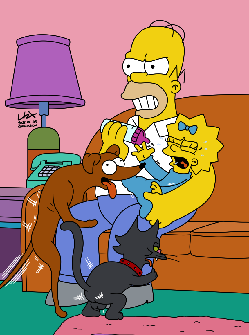 baby blue_bow bottomwear clothing denim denim_clothing female furniture group homer_simpson human jeans maggie_simpson male mammal pants phone santa's_little_helper sitting snowball_(the_simpsons) sofa the_simpsons young