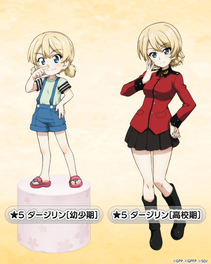 1girl aged_down bangs black_footwear black_skirt blonde_hair blue_eyes blue_shorts boots braid character_name closed_mouth commentary_request darjeeling_(girls_und_panzer) girls_und_panzer girls_und_panzer_senshadou_daisakusen! green_shirt hand_on_hip hand_on_own_face jacket long_sleeves looking_at_viewer low_twintails military military_uniform miniskirt multiple_views official_art pedestal pink_footwear pleated_skirt red_jacket sandals shirt short_hair short_twintails shorts skirt smile smirk st._gloriana's_military_uniform standing standing_on_one_leg star_(symbol) suspender_shorts suspenders t-shirt translated twin_braids twintails uniform watermark wiping_nose yellow_background
