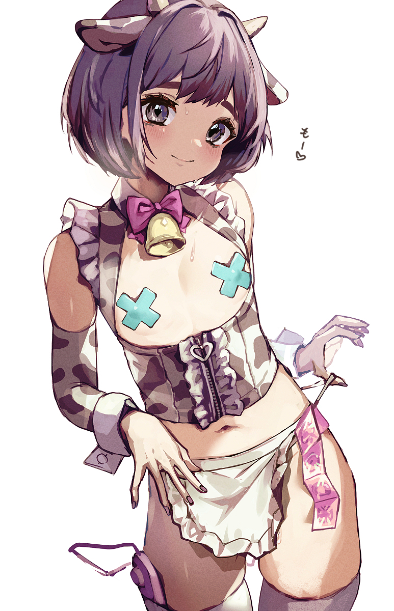 1boy animal_ears animal_print apron bare_shoulders bell blush bow bowtie brown_eyes brown_hair closed_mouth commentary_request condom condom_packet_strip condom_wrapper cow_ears cow_horns cow_print cowbell cross_pasties detached_sleeves frills heart highres horns looking_at_viewer maid_apron male_focus midriff navel neck_bell original otoko_no_ko paid_reward_available pasties pink_bow pink_bowtie remote_control_vibrator sex_toy short_hair simple_background smile solo spoken_heart sweat thighhighs underbust vibrator vibrator_in_thighhighs waist_apron white_apron white_background white_thighhighs wrist_cuffs yoruhachi