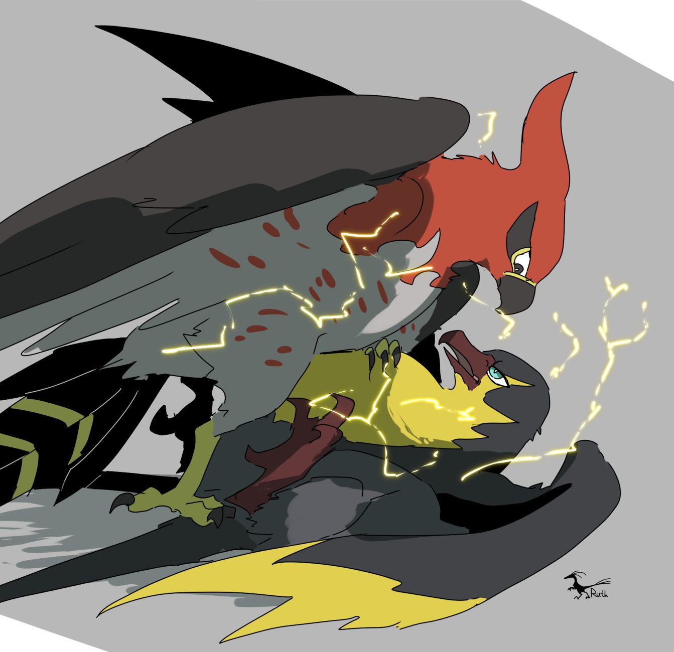 4_toes ambiguous/ambiguous ambiguous_gender anisodactyl beak beak_open colored_sketch digital_drawing_(artwork) digital_media_(artwork) duo electricity eye_contact feathers feet feral feral_on_feral flat_colors generation_6_pokemon generation_9_pokemon hi_res kilowattrel looking_at_another lying nintendo on_back pokemon pokemon_(species) purple_feet raised_foot raised_wings red_body red_feathers ruth side_view simple_background sketch spread_eagle spread_wings talonflame talons toes wings yellow_body yellow_feathers