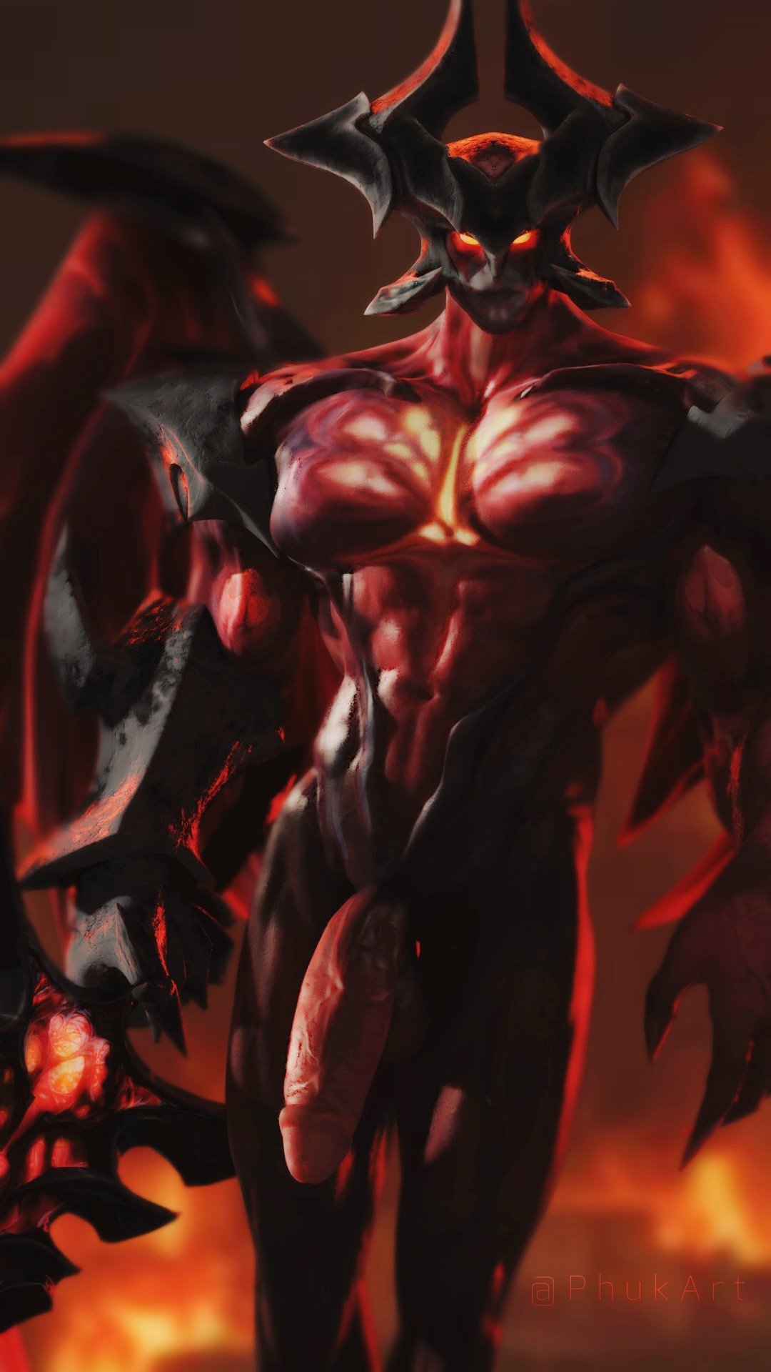 aatrox_(lol) abs big_penis black_body darkin demon genitals glowing glowing_eyes hi_res horn humanoid lava league_of_legends looking_at_viewer male multicolored_body muscular muscular_humanoid muscular_male navel nude pecs penis phukart red_body red_eyes riot_games solo white_body