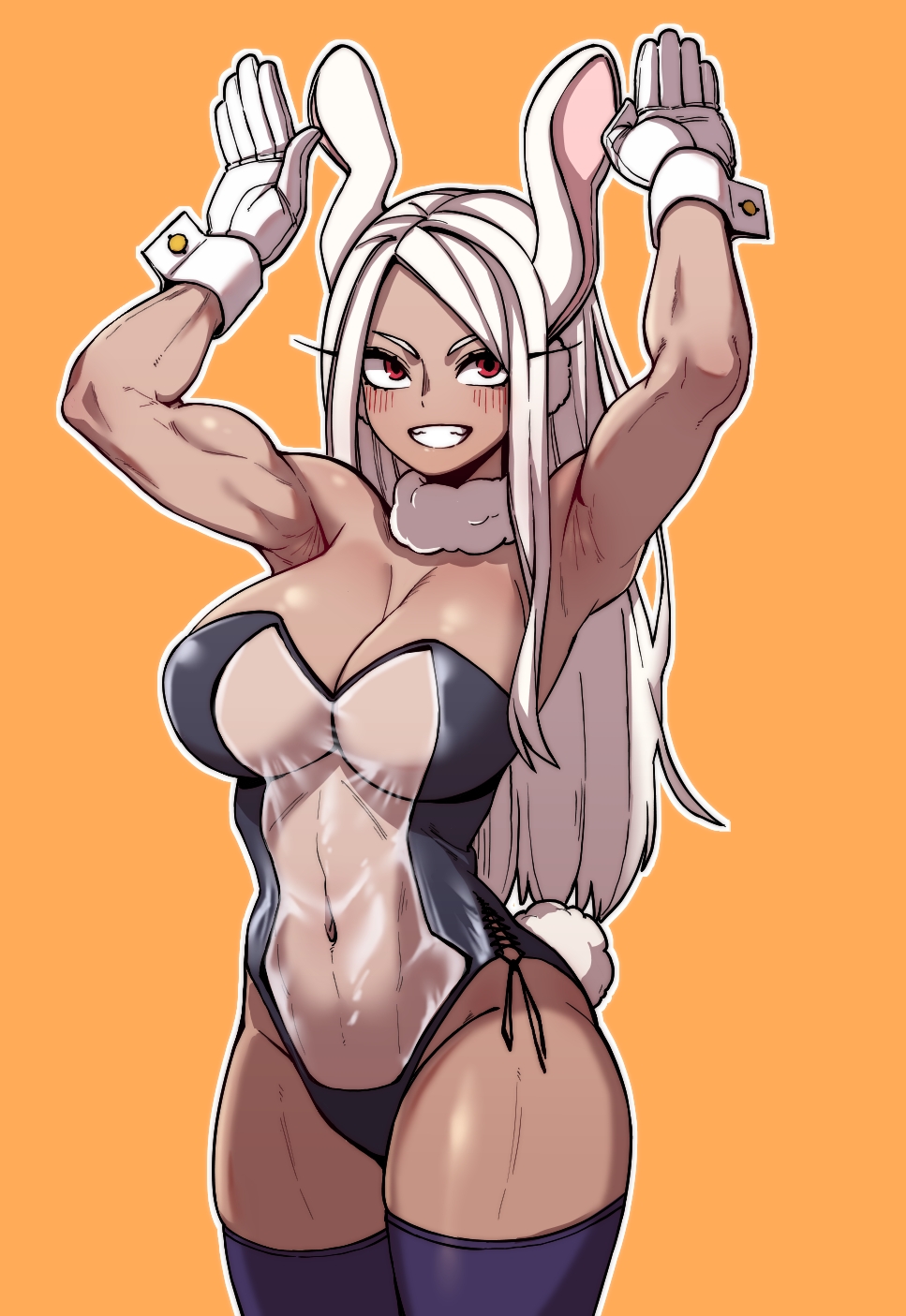 1girl 7a_(se7ena) abs animal_ears armpits arms_up bangs black_leotard blush boku_no_hero_academia breasts cleavage cowboy_shot dark-skinned_female dark_skin fur_collar gloves grin highres large_breasts leotard long_hair mirko muscular muscular_female navel orange_background parted_bangs playboy_bunny purple_thighhighs rabbit_ears rabbit_tail red_eyes see-through see-through_leotard simple_background smile solo tail thighhighs white_gloves white_hair