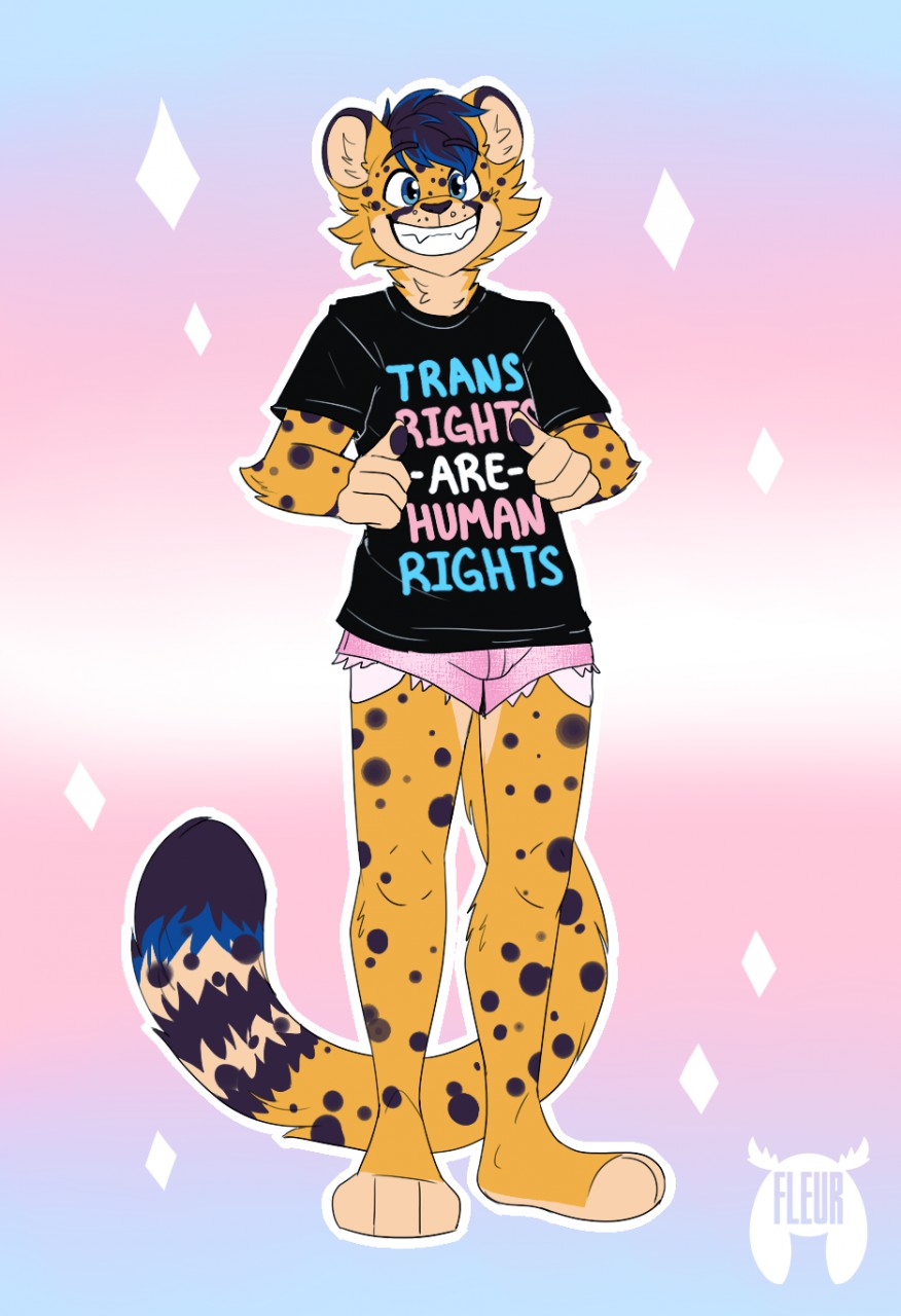 2019 ambiguous_gender anthro biped black_body black_fur blue_hair blue_tail bottomwear brown_ears brown_hair brown_nose brown_pawpads brown_tail cheetah clothing dipstick_tail felid feline fleurfurr fur gesture hair hi_res hotpants lgbt_pride mammal markings monotone_ears multi_tone_tail multicolored_body multicolored_fur multicolored_hair pawpads shirt shorts simple_background solo spots t-shirt tail tail_markings teeth thumbs_up topwear two_tone_body two_tone_fur two_tone_hair watermark yellow_body yellow_fur yellow_tail