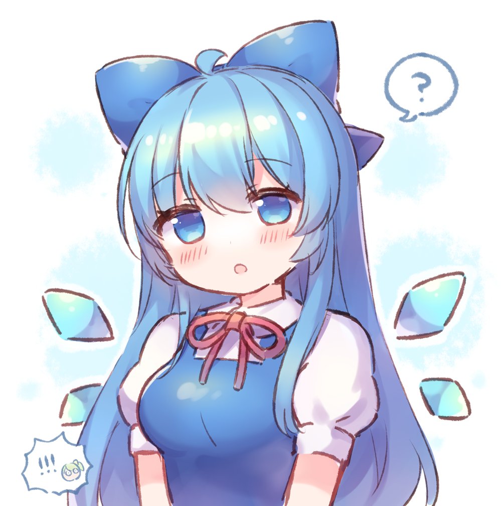 ! !! 1girl ? ahoge alternate_hair_length alternate_hairstyle blue_bow blue_dress blue_eyes blue_hair blush bow cirno collared_shirt daiyousei detached_wings dress fairy hair_between_eyes hair_bow ice ice_wings long_hair open_mouth pjrmhm_coa puffy_short_sleeves puffy_sleeves shirt short_sleeves solo spoken_question_mark touhou upper_body white_shirt wings