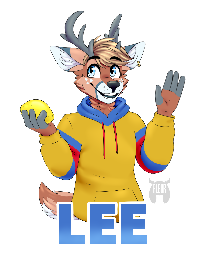 2019 anthro antlers badge biped black_nose blonde_hair blue_clothing blue_eyes blue_hoodie blue_topwear brown_body brown_ears brown_fur brown_tail clothing deer ear_piercing ear_ring fingerless_(marking) fingerless_gloves_(marking) fleurfurr fur gloves_(marking) grey_body grey_ears grey_fur hair hoodie horn inner_ear_fluff lemon looking_aside male mammal markings monotone_hair multi_tone_fur multi_tone_tail multicolored_ears neck_tuft piercing red_clothing red_hoodie red_topwear ring_piercing simple_background solo tail text topwear tuft two_tone_ears watermark white_background white_body white_fur white_inner_ear white_tail yellow_clothing yellow_hoodie yellow_topwear