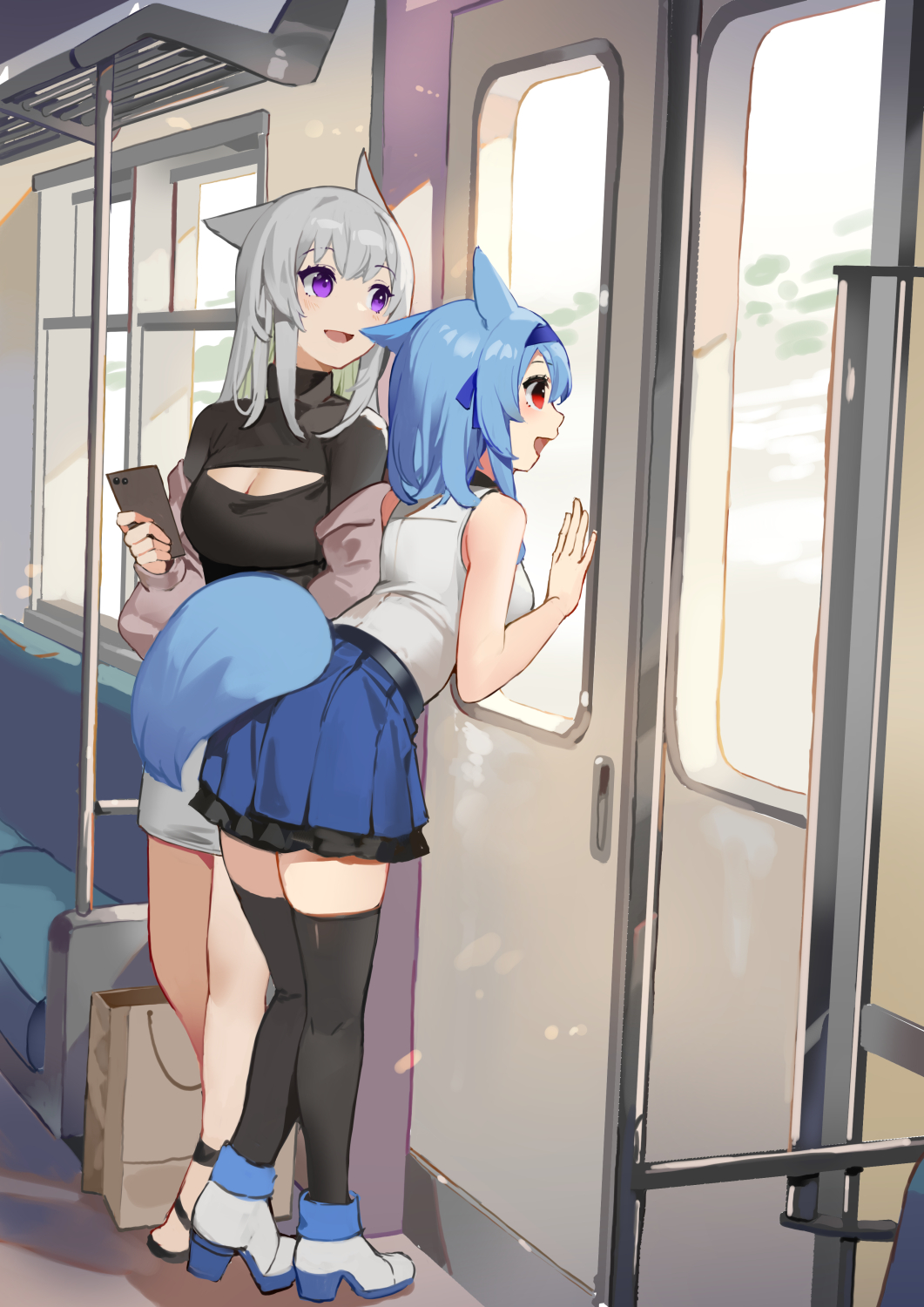 2girls :d akizone animal_ears bangs bare_arms bare_shoulders black_skirt black_thighhighs blue_hair blue_hairband blue_skirt breasts cleavage final_fantasy final_fantasy_xiv grey_hair grey_jacket grey_skirt hairband highres holding holding_phone jacket large_breasts leaning_forward long_hair medium_hair multiple_girls open_mouth phone pleated_skirt purple_eyes red_eyes shoes skirt smile standing tail thighhighs train_interior white_footwear