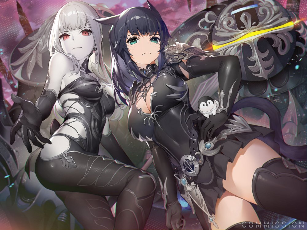 2girls akizone animal bangs bare_shoulders belt black_belt black_gloves black_hair black_pants black_thighhighs breasts cleavage closed_mouth commission covered_navel earrings english_commentary final_fantasy final_fantasy_xiv from_below gloves jewelry large_breasts long_hair multiple_girls pale_skin pants red_eyes shield shoulder_plates thighhighs