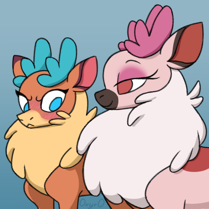 0xyr0 1:1 2022 antlers blue_antlers blue_background blue_eyes blush capreoline chest_tuft deer digital_drawing_(artwork) digital_media_(artwork) duo envy eyelashes female feral fluffy fluffy_chest fur fur_markings girl_staring_at_man's_chest horn jealous looking_at_another mammal markings meme multicolored_body multicolored_fur pink_antlers pink_body pink_fur quadruped red_eyes reindeer simple_background tan_body tan_fur them's_fightin'_herds tuft two_tone_body two_tone_fur velvet_reindeer_(tfh) vixen_(tfh) white_body white_fur yellow_body yellow_fur