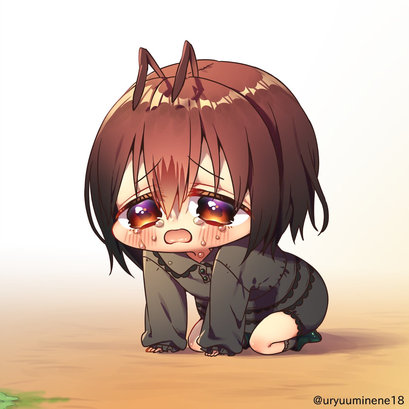 1girl ant_girl antennae arthropod_girl brown_eyes brown_hair chibi commentary commentary_request crying crying_with_eyes_open dress hair_between_eyes harumi_namau highres long_sleeves original short_hair tears twitter_username