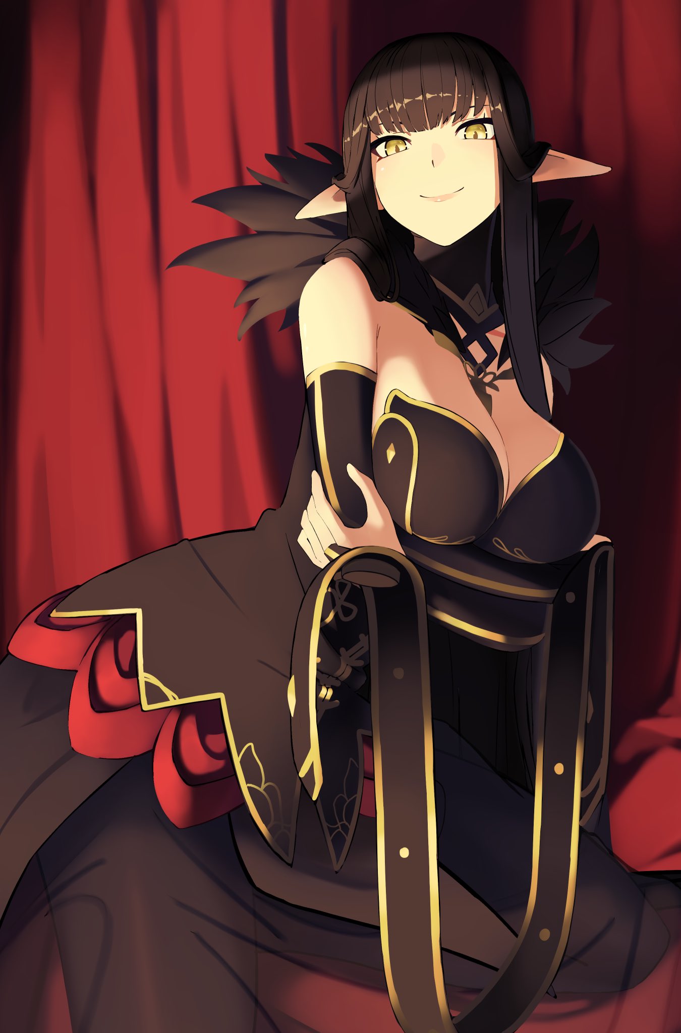 black_dress black_hair breast_hold breasts dress fate/grand_order fate_(series) highres large_breasts pointy_ears red_curtains reibun_(raven1119) semiramis_(fate) smile yellow_eyes