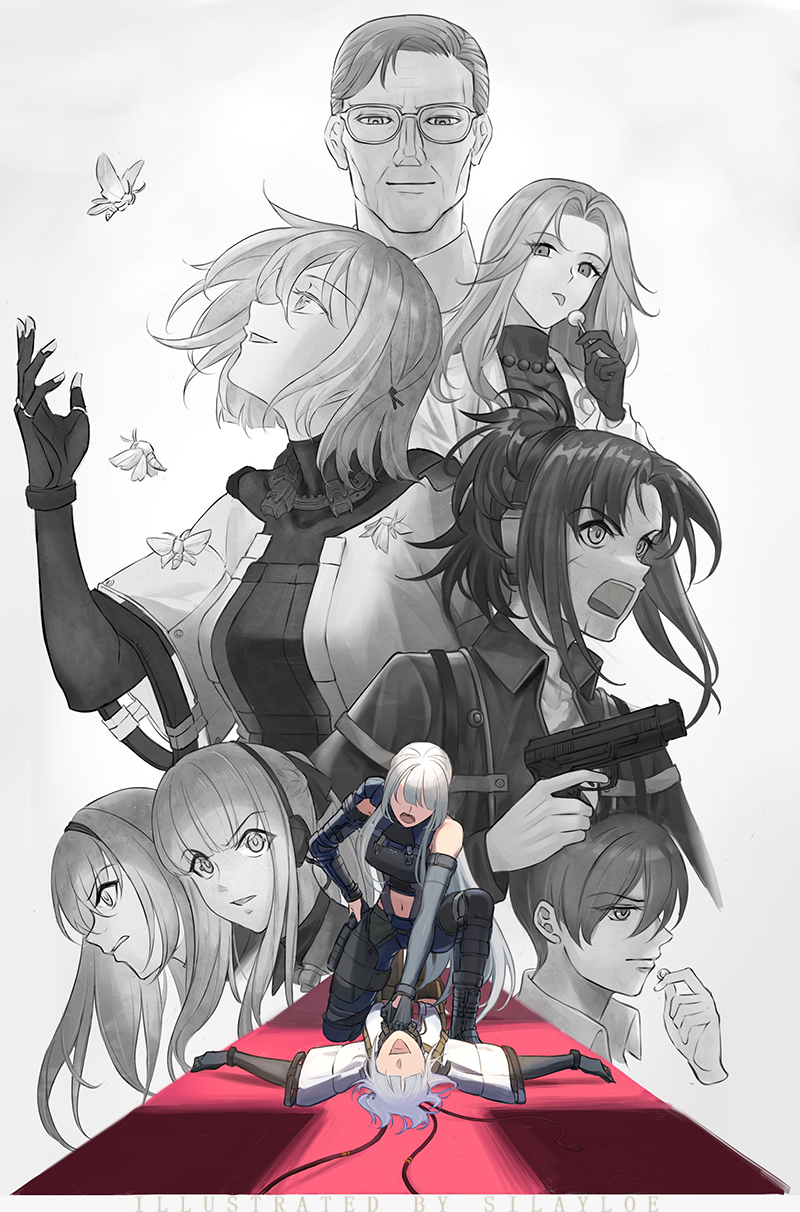 2boys 6+girls ak-12_(girls'_frontline) ak-15_(girls'_frontline) an-94_(girls'_frontline) angelia_(girls'_frontline) arm_up bangs black_bodysuit black_jacket bodysuit candy character_request closed_mouth defy_(girls'_frontline) english_commentary food full_body girls'_frontline glasses grey_hair greyscale gun hairband handgun highres holding holding_candy holding_food holding_gun holding_lollipop holding_weapon jacket lady_grey_(girls'_frontline) lollipop long_hair looking_at_viewer looking_away looking_up lying medium_hair monochrome multiple_boys multiple_girls on_back open_mouth robe rpk-16_(girls'_frontline) short_hair sidelocks silayloe simple_background tactical_clothes upper_body weapon white_robe