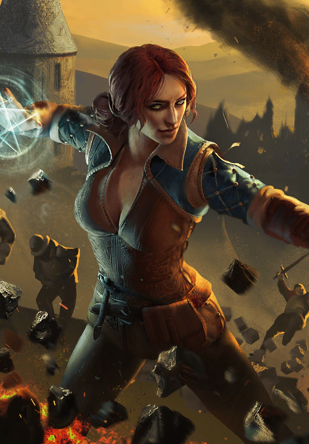 1boy 1girl architecture building city european_architecture fire gwent_(game) hair_bun highres holding holding_sword holding_weapon magic magic_circle non-web_source pants red_hair rock smoke sword the_witcher_(series) the_witcher_3 triss_merigold weapon yellow_eyes