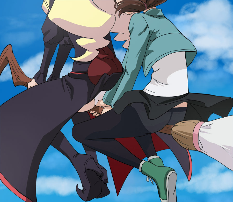 2girls agnes_(gegege_no_kitarou_6) ass black_pantyhose black_skirt blonde_hair broom broom_riding brown_hair cloud gegege_no_kitarou haruyama_kazunori head_out_of_frame inuyama_mana legs long_hair long_sleeves multiple_girls panties panties_under_pantyhose pantyhose pantyshot shoes short_hair side_ponytail sitting skirt underwear white_panties