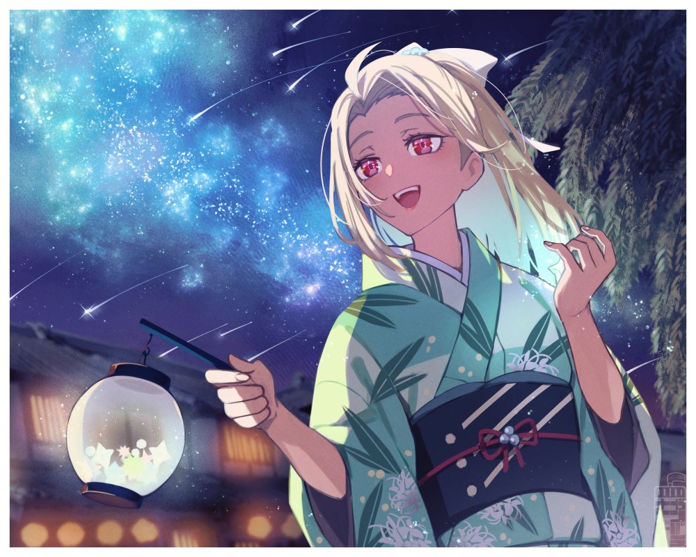 1girl :d aqua_kimono bangs blonde_hair border bow floral_print hair_bow hand_up holding holding_lantern house japanese_clothes kimono lantern long_hair night obi obijime original parted_bangs red_eyes sash shooting_star sky smile solo star_(sky) starry_sky teeth teria_(teriarian) tree upper_body upper_teeth_only white_border white_bow willow