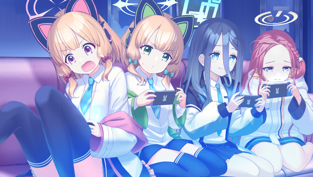 4girls animal_ear_headphones animal_ears aris_(blue_archive) bangs barefoot black_hair black_shorts black_skirt black_thighhighs blonde_hair blue_archive blue_bow blue_eyes blue_necktie bow braid closed_mouth collared_shirt commentary_request couch fake_animal_ears feet_out_of_frame forehead green_eyes hair_between_eyes hair_bow halo headphones holding indoors jacket knees_up long_hair long_sleeves midori_(blue_archive) momoi_(blue_archive) multiple_girls necktie nintendo_switch o_(rakkasei) off_shoulder on_couch open_clothes open_jacket open_mouth parted_bangs pleated_skirt power_symbol puffy_long_sleeves puffy_sleeves red_bow red_eyes red_hair shirt short_necktie short_shorts shorts sidelocks sitting skirt smile thighhighs v-shaped_eyebrows very_long_hair wariza white_jacket white_shirt yuzu_(blue_archive)