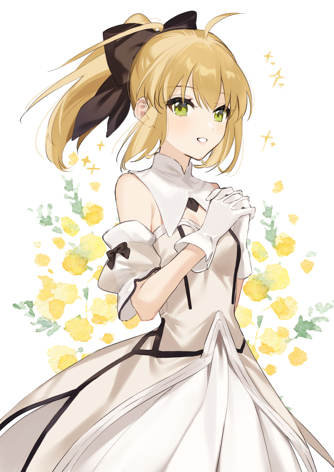 1girl ahoge artoria_pendragon_(fate) black_bow blonde_hair bow breasts detached_sleeves dress fate/grand_order fate_(series) gloves green_eyes hair_bow highres ponytail rizu033 saber_lily short_sleeves sidelocks small_breasts solo white_dress white_gloves