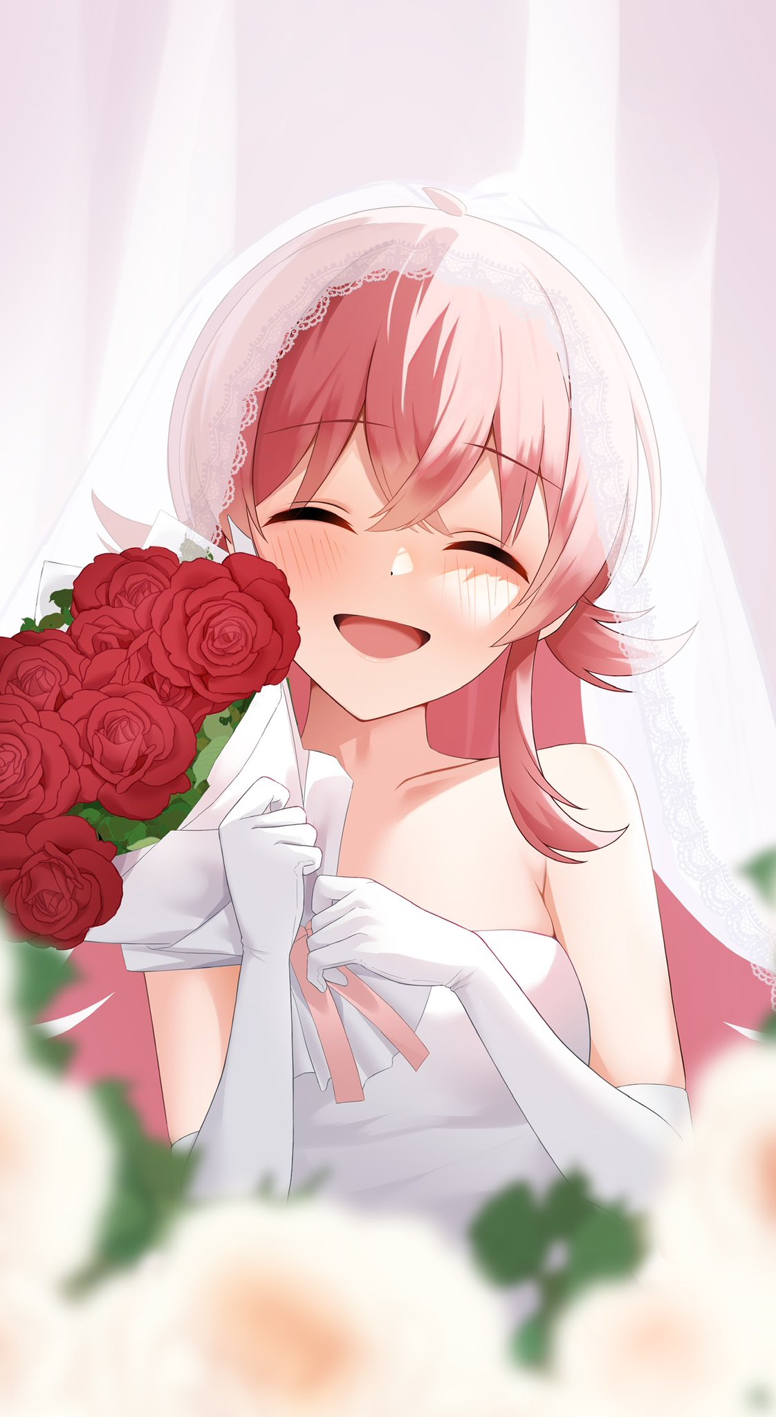 1girl ahoge bangs bare_shoulders blurry blurry_foreground blush bouquet breasts bridal_veil closed_eyes collarbone commentary dot_nose dress elbow_gloves facing_viewer female_child flower gloves hair_between_eyes hair_flaps hands_up highres holding holding_bouquet idolmaster idolmaster_shiny_colors komiya_kaho lace-trimmed_veil lace_trim long_hair medium_breasts open_mouth red_flower red_hair red_rose rose samisuke_(pkah8535) sidelocks simple_background smile solo strapless strapless_dress veil wedding_dress white_dress white_flower white_gloves