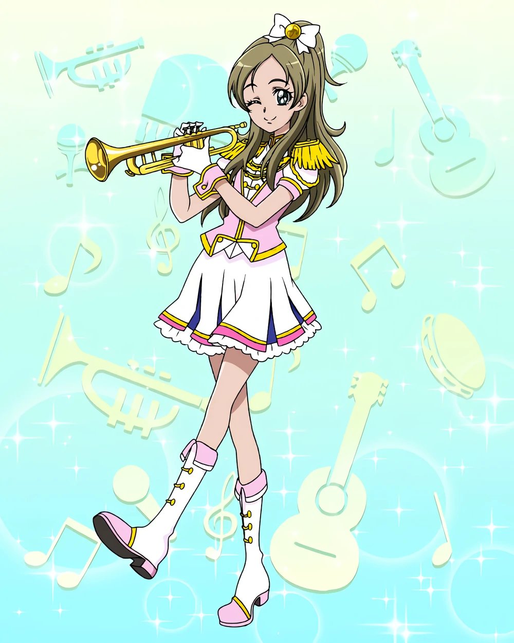 1girl blonde_hair boots bow full_body gloves green_eyes hair_bow half_updo highres instrument marching_band minamino_kanade official_art one_eye_closed precure precure_connection_puzzlun skirt smile solo suite_precure third-party_source trumpet white_bow white_gloves white_skirt