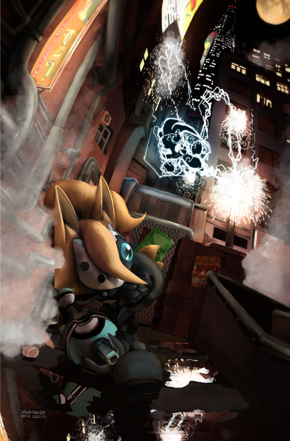 2022 afrosoricid alley anthro black_clothing boots canid canine canis cape clothing dated detailed_background duo electricity electricity_manipulation elemental_manipulation explosion female fence floating footwear fur gun hair hi_res holding_object holding_weapon idw_publishing lightning mammal mask mauro_fonseca neon_sign no_pupils official_art ponytail puddle ranged_weapon running sega sharp_teeth sign signature skyscraper sonic_the_hedgehog_(comics) sonic_the_hedgehog_(idw) sonic_the_hedgehog_(series) surge_the_tenrec tan_body tan_fur teeth tenrec variable_wispon weapon whisper_the_wolf wolf