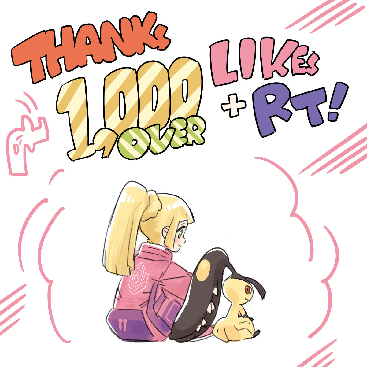 1girl bede_(pokemon) bede_(pokemon)_(cosplay) blonde_hair blush closed_mouth coat cosplay green_eyes high_collar highres kinocopro lillie_(pokemon) long_hair looking_at_viewer looking_back looking_down mawile milestone_celebration pink_coat pokemon pokemon_(creature) pokemon_(game) pokemon_sm pokemon_swsh ponytail purple_bag red_eyes sitting smile thank_you white_background