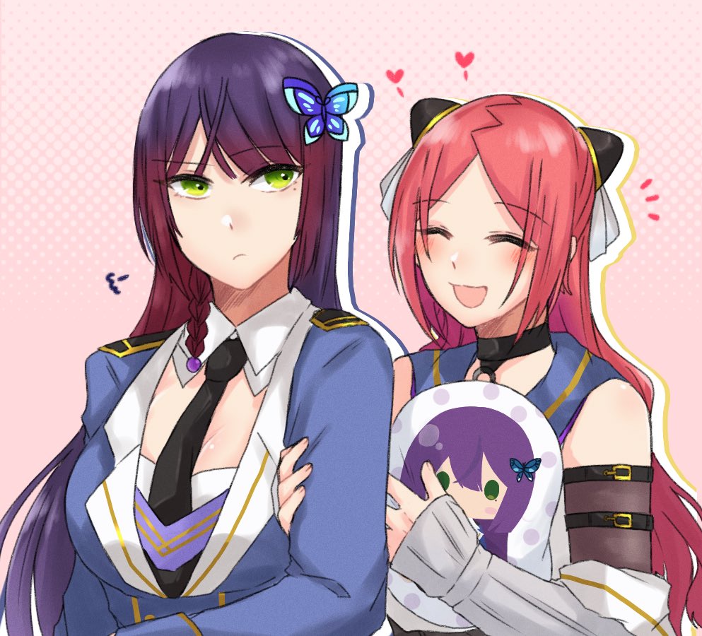 2girls :/ :d =3 ^_^ arm_at_side arm_belt assault_lily bangs bare_shoulders belt belt_buckle black_belt black_choker black_necktie blue_jacket blue_sailor_collar blush braid breasts buckle butterfly_hair_ornament character_print choker closed_eyes closed_mouth commentary_request cushion detached_sleeves earrings funada_kiito gradient_hair green_eyes hair_ornament hairpods halftone halftone_background hand_on_another's_arm hands_up heart holding holding_pillow jacket jewelry large_breasts layered_sleeves long_hair long_sleeves looking_to_the_side mole mole_under_eye multicolored_hair multiple_girls necktie nigari_(ngari_0115) notice_lines o-ring o-ring_choker odaiba_girls_high_school_uniform open_mouth parted_bangs pillow pink_background print_pillow purple_hair red_hair sailor_collar school_uniform serafuku shiba_tomoshibi shirt side-by-side side_braid sideways_glance single_braid sleeveless sleeveless_shirt smile two-tone_hair upper_body very_long_hair white_shirt
