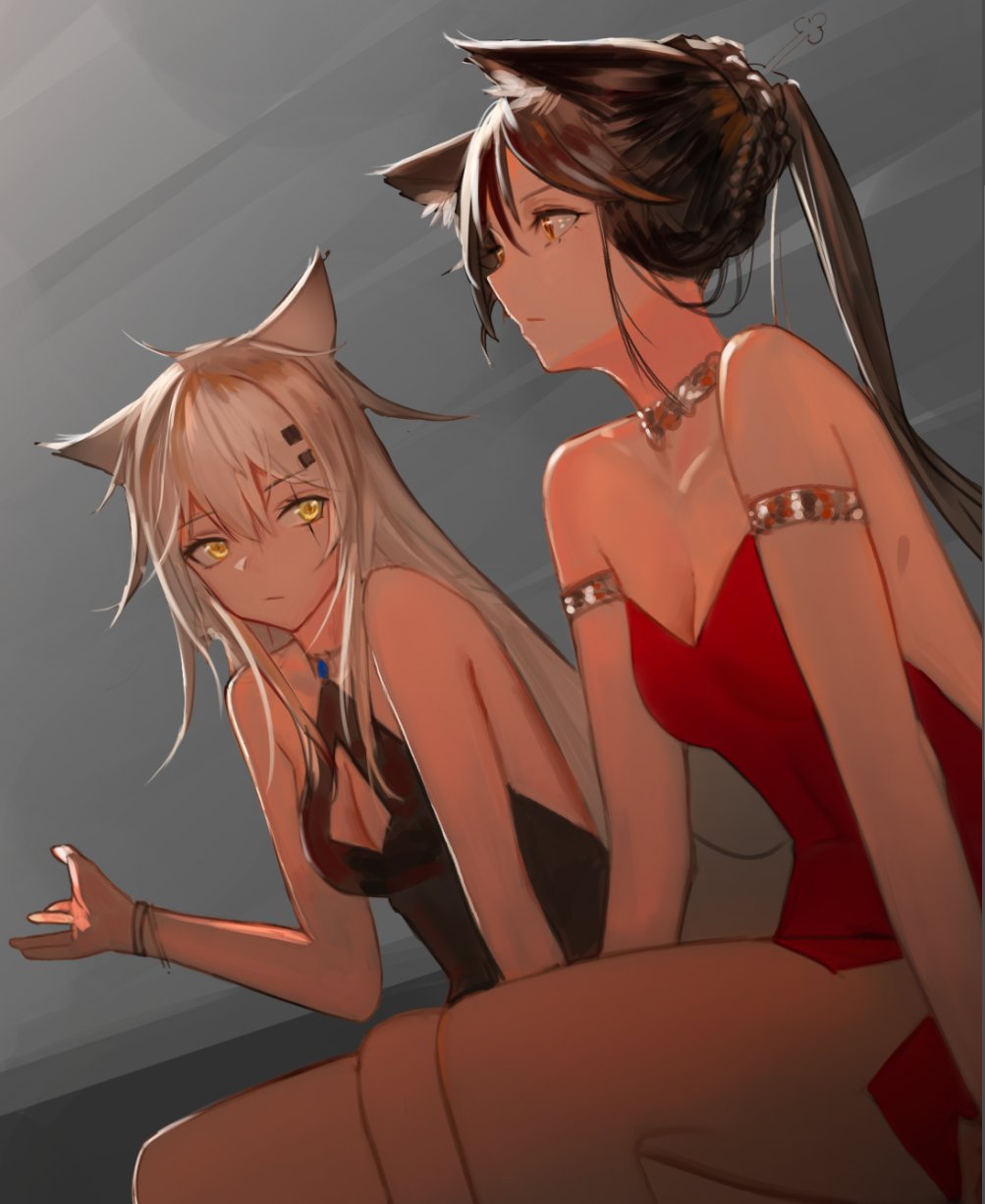 2girls animal_ears arknights armlet bare_legs bare_shoulders black_dress black_hair breasts choker collarbone covered_navel dress ganet_p hair_ornament hairclip hand_up highres lappland_(arknights) long_hair looking_at_another looking_at_viewer medium_breasts messy_hair multiple_girls ponytail red_dress sitting texas_(arknights) unfinished unfinished_background upper_body very_long_hair white_hair wolf_ears wolf_girl wristlet yellow_eyes