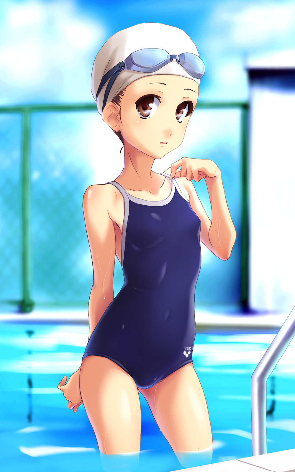 brown_eyes brown_hair chain-link_fence competition_school_swimsuit competition_swimsuit fence goggles highres norizou_type-r one-piece_swimsuit original pool pool_ladder solo standing swim_cap swimsuit wet