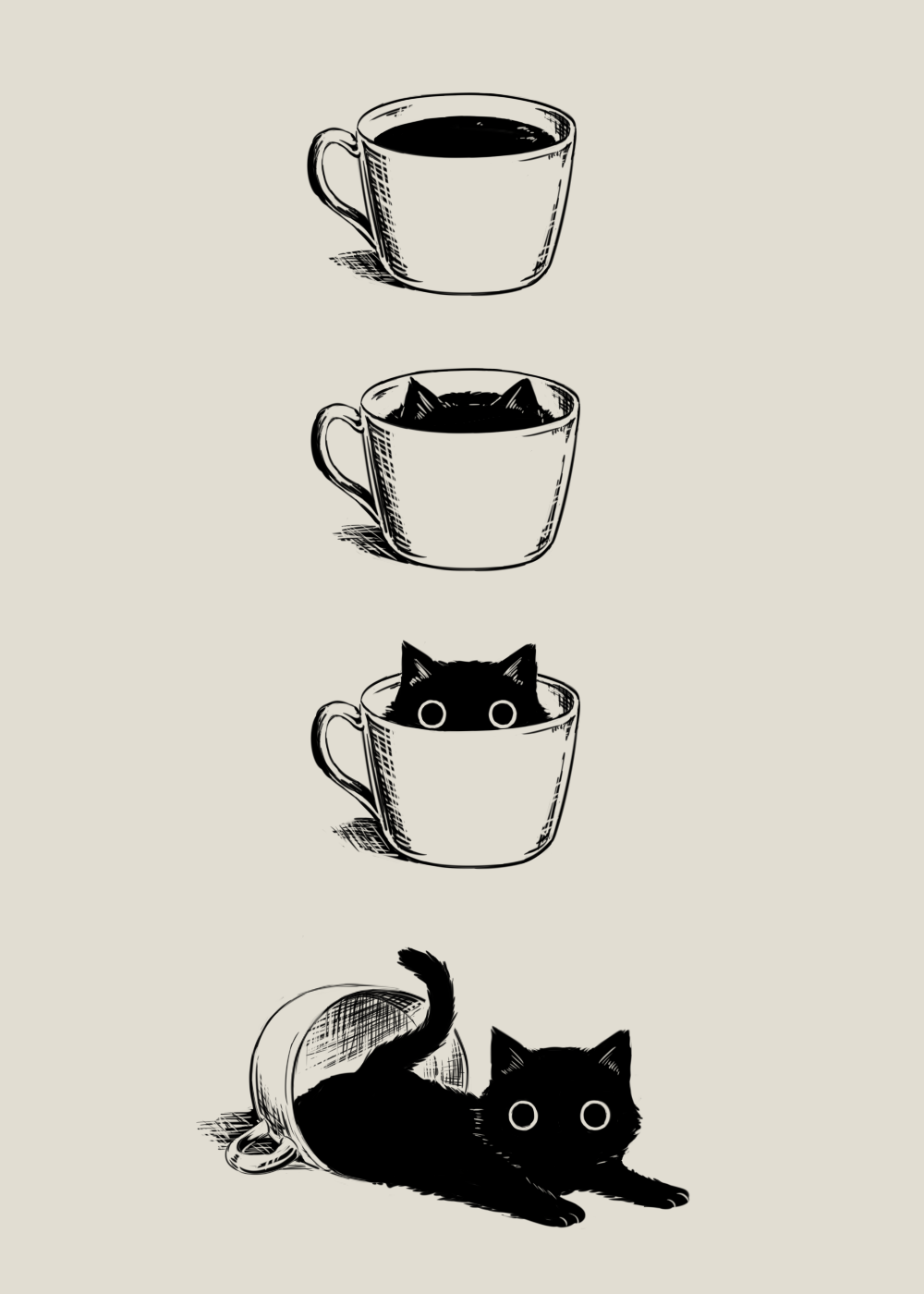 avogado6 black_cat cat cat_focus commentary cup english_commentary full_body grey_background greyscale high_contrast highres in_container in_cup kitten looking_at_viewer lying monochrome no_humans on_stomach original recurring_image