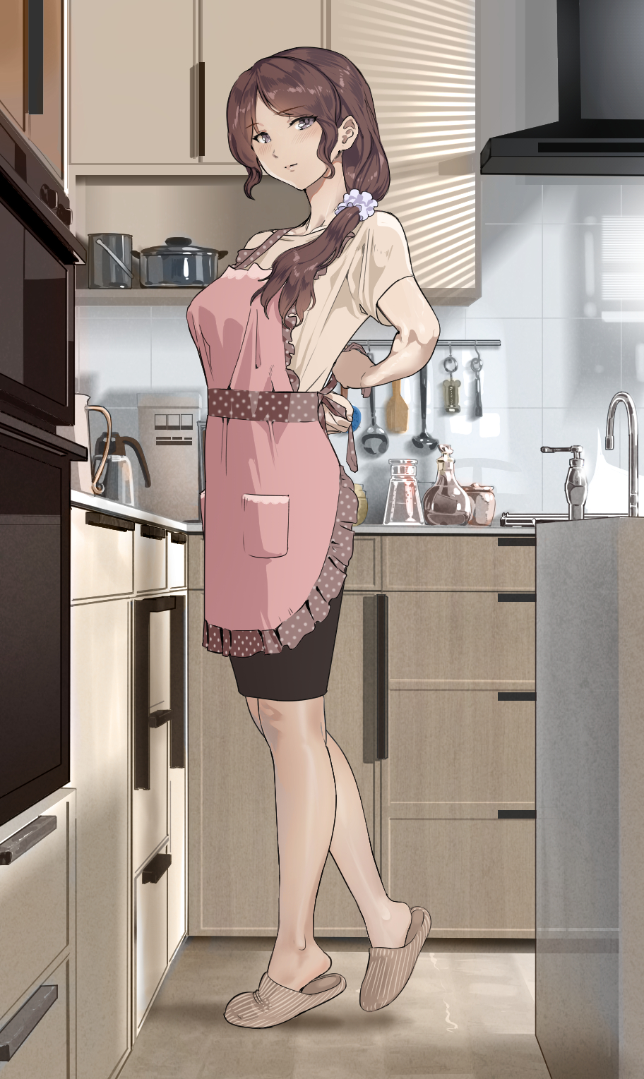 1girl adjusting_apron adjusting_clothes apron bangs blue_eyes bow breasts cabinet counter faucet frilled_apron frills from_side frying_pan full_body hair_bow hair_ornament highres indoors kitchen ladle long_hair looking_at_viewer looking_to_the_side mature_female medium_breasts original oven parted_bangs reflection scenery shirt short_sleeves slippers solo standing tiptoes white_bow white_shirt yewang19