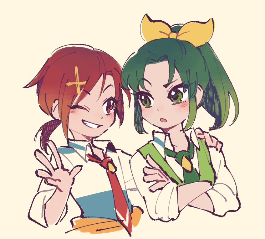 2girls brown_eyes brown_hair collared_shirt crossed_arms green_eyes green_hair green_necktie green_vest grin hair_intakes hair_ribbon hand_on_another's_shoulder hand_up hino_akane_(smile_precure!) looking_at_another midorikawa_nao multiple_girls necktie one_eye_closed open_mouth ponytail precure raised_eyebrow red_necktie ribbon shirt short_hair smile smile_precure! teeth ukata upper_body vest white_shirt yellow_ribbon