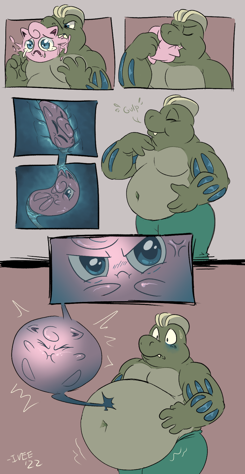 2022 ambiguous_gender belly belly_expansion big_belly blue_eyes blue_insides blue_internal blue_markings bodily_fluids clothing comic cross-popping_vein curled_tail dated duo expansion female_(lore) generation_1_pokemon green_body green_clothing hand_on_stomach hi_res inflation internal jigglypuff lighter_belly machoke markings maxima_(shellyochunks) navel nintendo organs overweight pink_body pokemon pokemon_(species) puffed_cheeks sharp_teeth shellyochunks shiny_pokemon signature struggling struggling_prey swallowing swallowing_sound_effect tears teeth vore wobble