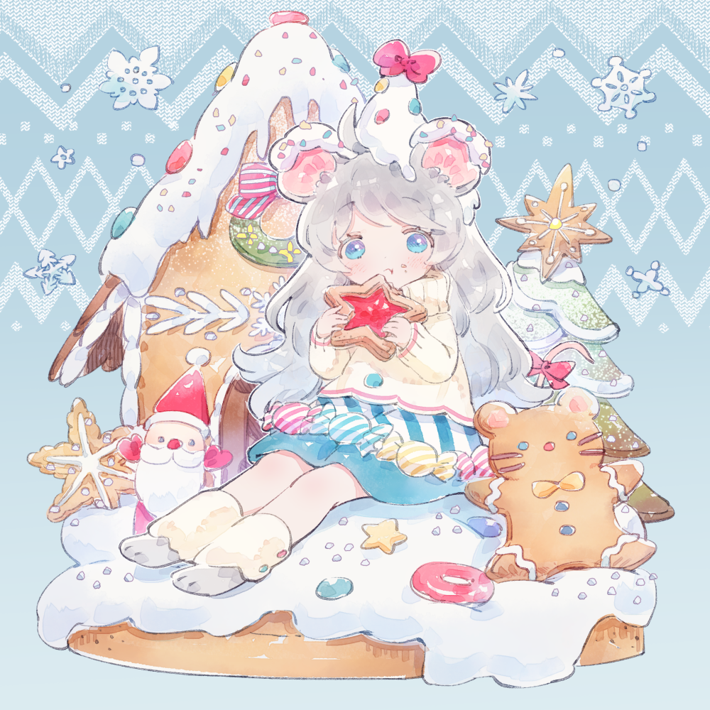 1girl animal_ears bangs blue_background blue_eyes blue_skirt boots bow buttons candy christmas christmas_tree christmas_wreath closed_mouth commentary_request conago cookie eating food food_on_face food_on_head full_body fur-trimmed_boots fur_trim gingerbread_cookie gingerbread_house gingerbread_man grey_footwear grey_hair hands_up holding holding_food house icing long_hair long_sleeves looking_at_viewer mouse_ears mouse_girl mouse_tail object_on_head original red_bow santa_claus sidelocks sitting skirt snowflakes solo sprinkles star-shaped_cookie star_(symbol) sweater swept_bangs tail tail_bow tail_ornament turtleneck turtleneck_sweater white_sweater