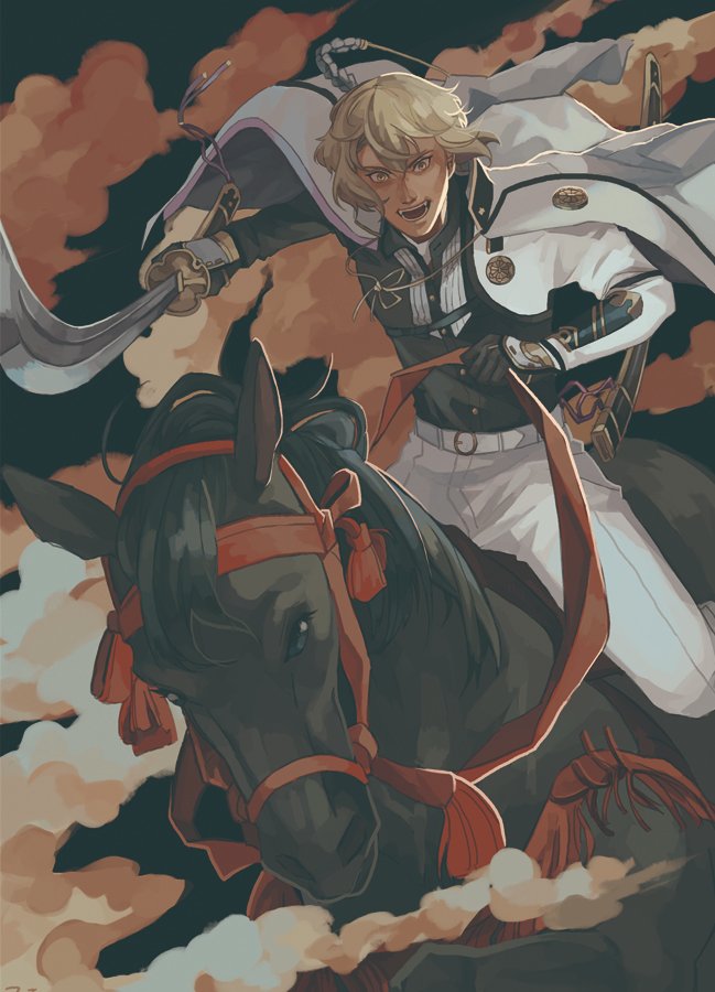 1boy armor bangs belt black_gloves black_shirt blonde_hair chinese_commentary commentary_request full_body gloves higekiri_(touken_ranbu) holding holding_sword holding_weapon horse horseback_riding jacket jacket_on_shoulders japanese_armor katana kote looking_at_viewer male_focus military military_uniform open_mouth pants reins riding shirt short_hair solo sword touken_ranbu uniform weapon white_belt white_jacket white_pants yellow_eyes zi_tsas