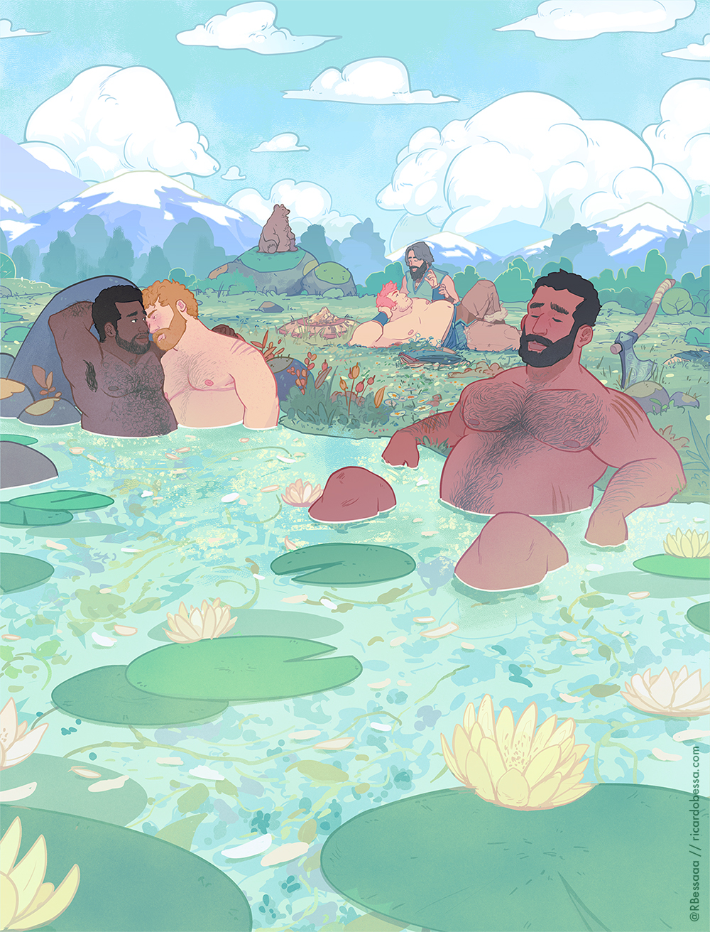 5boys arm_hair armpit_hair armpits axe bara bear bear-shaped_clouds beard bearscape belly blonde_hair blush body_freckles chest_hair cloud cloudy_sky completely_nude couple dark-skinned_male dark_skin facial_hair forehead-to-forehead forest freckles hairy heads_together highres interracial lake large_pectorals lily_pad magic:_the_gathering male_focus mature_male mountain multiple_boys mustache nature navel_hair nipples nude official_art pectorals petals pink_hair planted planted_axe plump ricardo_bessa shaped_cloud short_hair sky stomach topless_male tree water