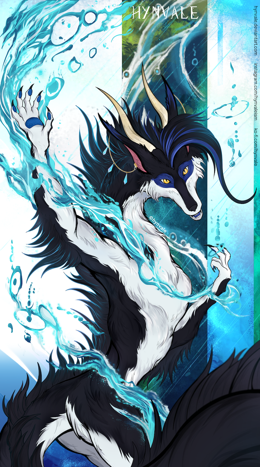 abstract_background anthro aquatic_dragon asian_mythology black_body blue_body canid canine canis claws dragon east_asian_mythology eastern_dragon female fluffy fox fur hairy hi_res horn hybrid hynvale jewelry kaikirith looking_at_viewer magic mammal marine mythology nude paws pinup pose solo water white_body wolf yellow_eyes