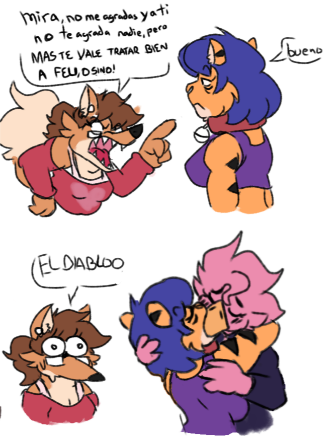 amanda_(apolonoise) anthro apolonoise calm canid canine collar comic_panel eyewear felicia_(apolonoise) felid female female/female fox glasses group grumpy mammal marisol_(stupeez) nerd pantherine romantic romantic_couple short_stack smooch_(sound_effect) spanish_text stripes stunned text tiger yelling