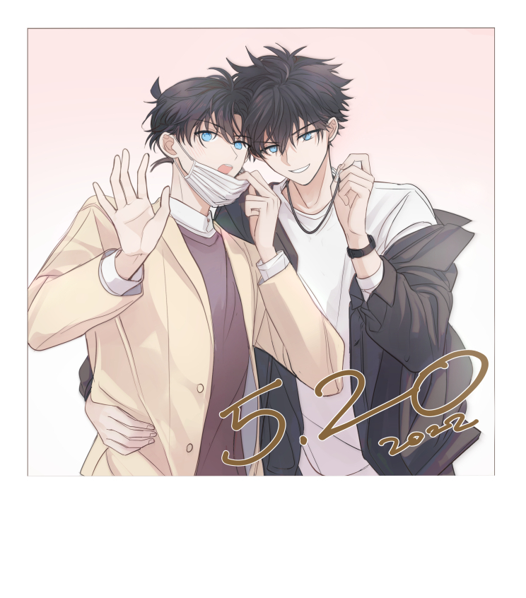 2boys bangs black_hair black_jacket blue_eyes brown_jacket cang_cheng collared_shirt dated grin hand_on_another's_hip hand_up hands_up jacket jewelry kaitou_kid kudou_shin'ichi long_sleeves looking_at_viewer male_focus mask mask_pull meitantei_conan mouth_mask multiple_boys necklace off_shoulder open_clothes open_jacket shirt short_hair smile sweater teeth upper_body upper_teeth_only white_background white_shirt