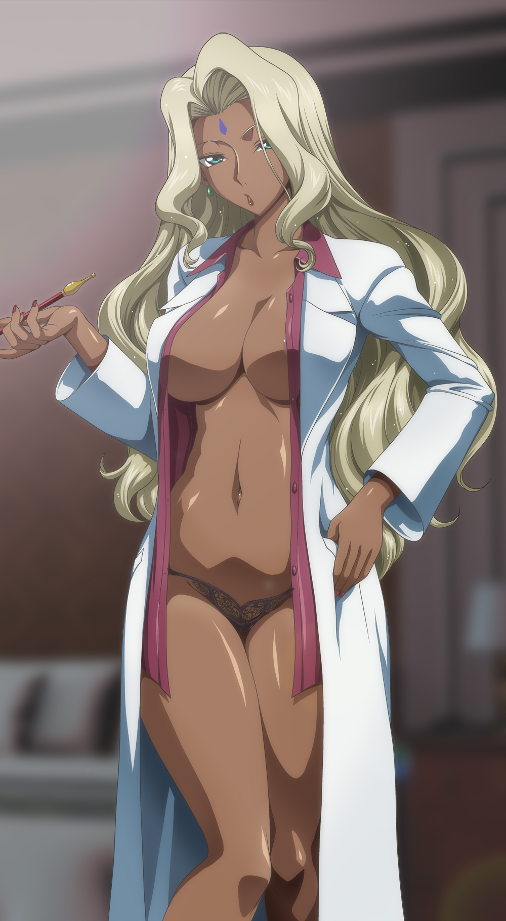 1girl black_panties blonde_hair blurry blurry_background breasts code_geass collarbone commentary_request dark-skinned_female dark_skin fingernails green_eyes highres holding holding_smoking_pipe indian kaname_aomame kiseru labcoat large_breasts lips long_hair long_sleeves looking_at_viewer nail_polish navel open_clothes open_shirt panties rakshata_chawla red_nails red_shirt shirt smoking_pipe solo standing underwear