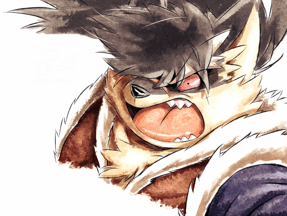 angry anthro canid canine canis domestic_dog eyebrows fur grey_body grey_fur hair hair_over_eye lifewonders male mammal one_eye_obstructed red_eyes ren_izayoi samurai scar shino_(housamo) solo thick_eyebrows tokyo_afterschool_summoners warrior yelling
