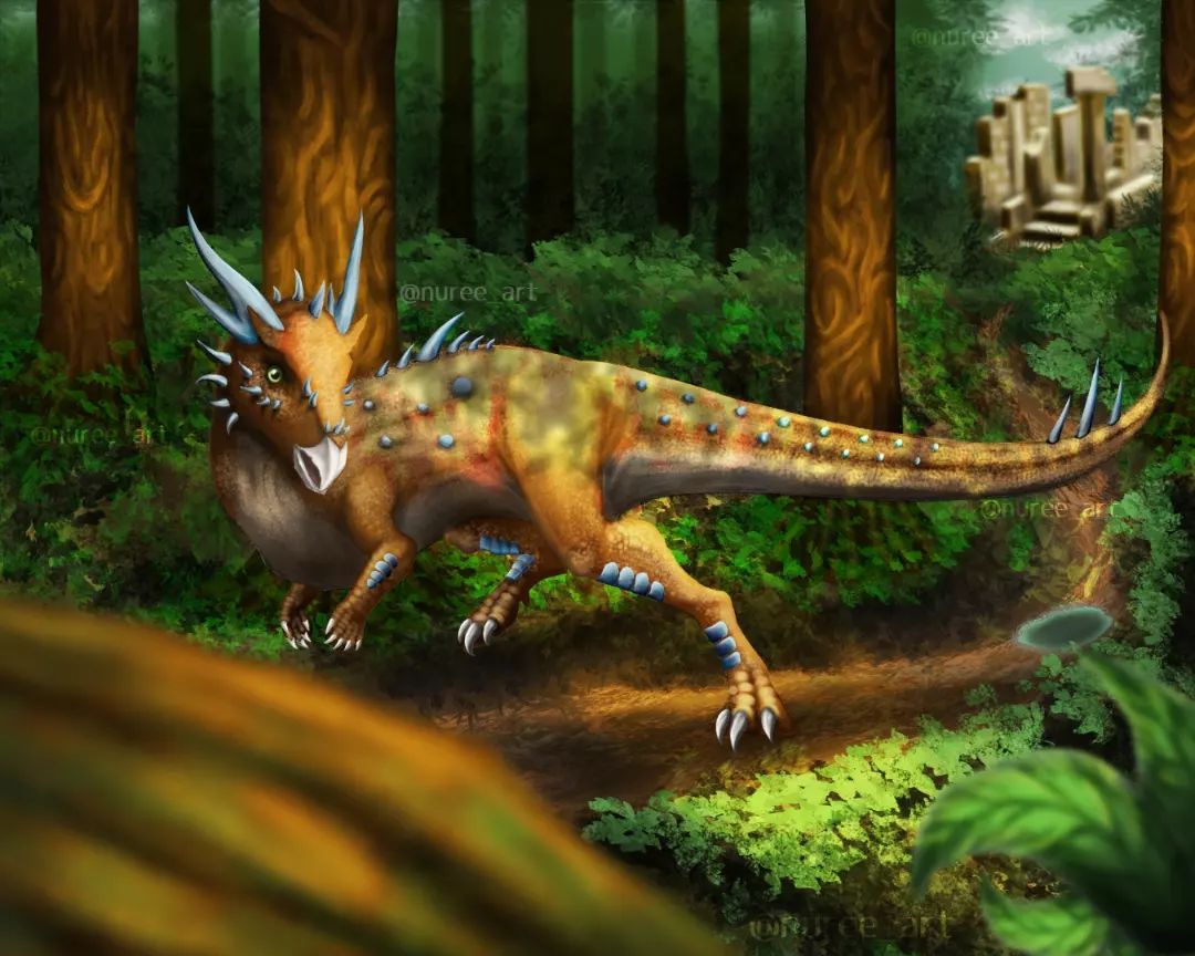 claws dinosaur extinct feral forest forest_background grass horn leaf looking_at_another male nature nature_background nuree_art plant reptile running scalie schwan_(nuree_art) solo tail tree yellow_body