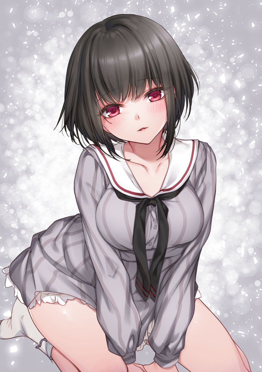 1girl bangs between_legs black_hair blush breasts collarbone commentary_request dress grey_dress hand_between_legs head_tilt highres itou_nanami long_sleeves looking_at_viewer medium_breasts no_shoes original parted_lips puffy_long_sleeves puffy_sleeves red_eyes sailor_collar sailor_dress socks solo striped striped_dress vertical-striped_dress vertical_stripes white_sailor_collar white_socks
