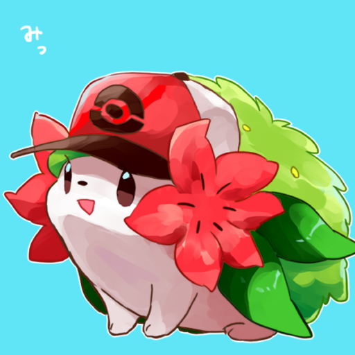 1:1 :d ambiguous_gender baseball_cap black_nose blue_background brown_sclera clothed clothed_feral clothing digital_media_(artwork) digital_painting_(artwork) feral flower flower_(anatomy) generation_4_pokemon glistening happy hat hat_only head_flower headgear headgear_only headwear headwear_only japanese_text land_forme_shaymin legendary_pokemon looking_up mostly_nude nintendo open_mouth outline plant pok&eacute;ball_print pokeball pokemon pokemon_(species) print_baseball_cap print_clothing print_hat print_headgear print_headwear shaded shaymin simple_background smile solo tattanbu text white_outline