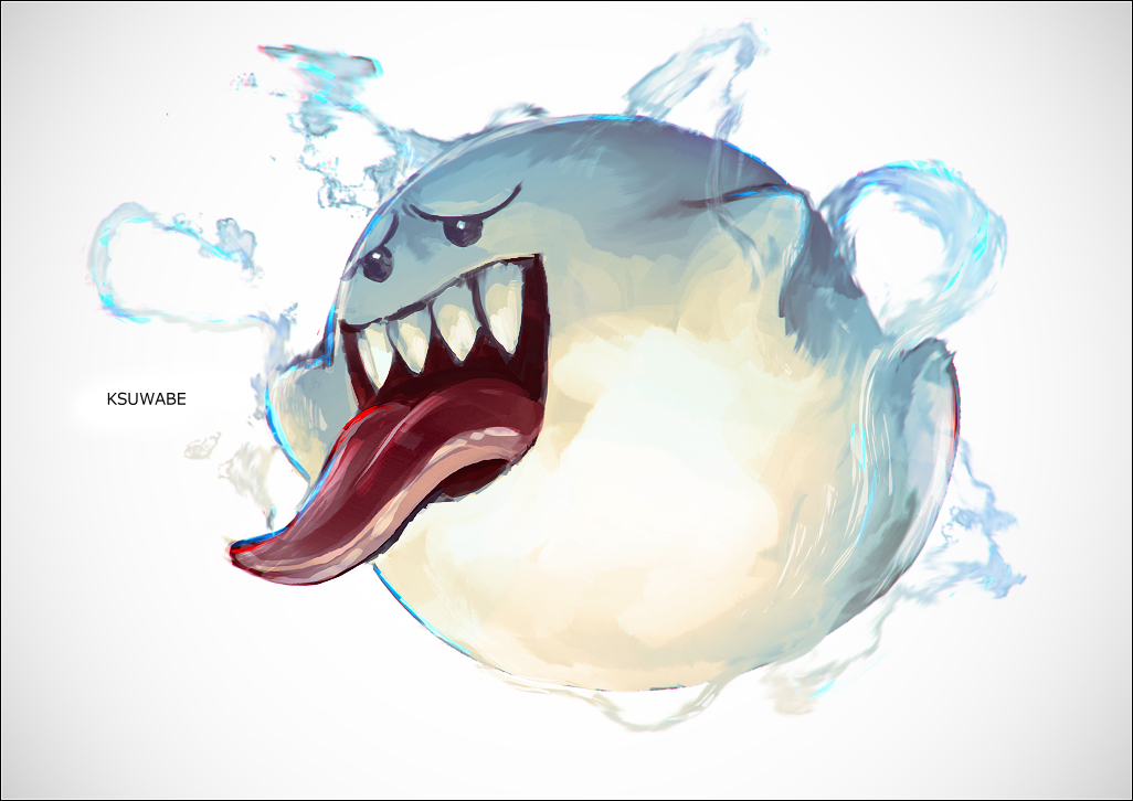 artist_name boo_(mario) commentary_request floating ghost k-suwabe mario_(series) no_humans open_mouth sharp_teeth teeth tongue tongue_out white_background