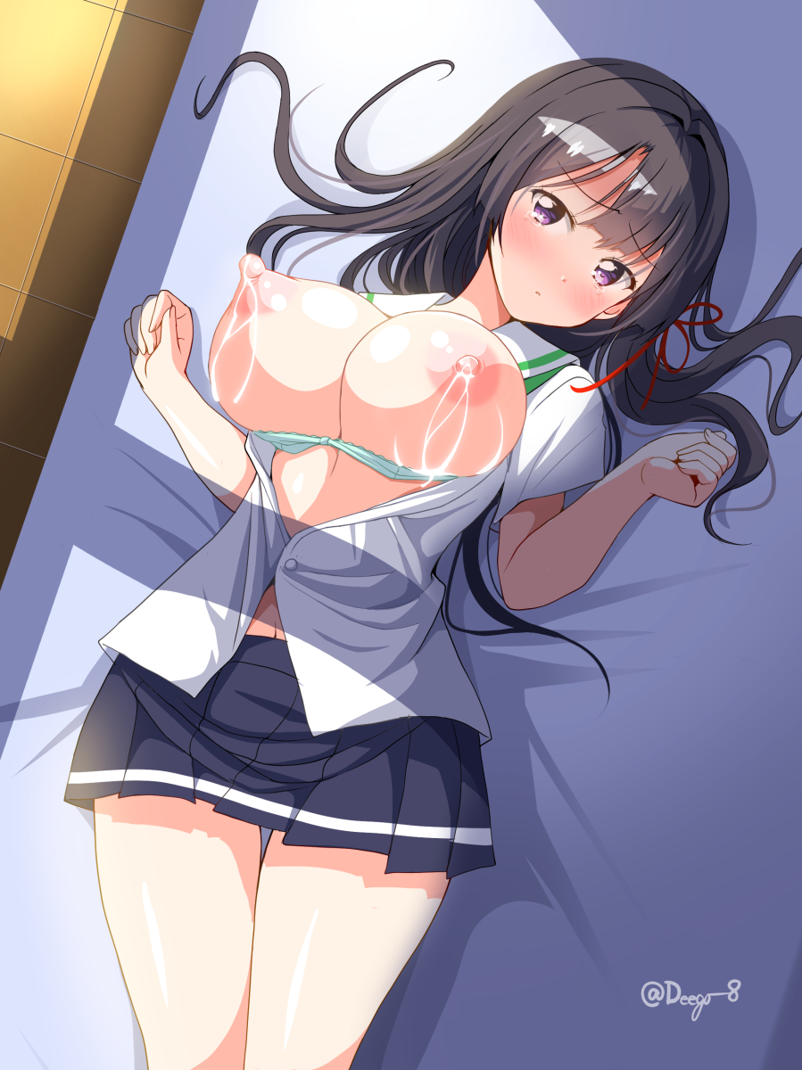 1girl aqua_bra bangs bed_sheet black_hair blush bra breasts breasts_out clenched_hand commentary_request deego_(omochi_bazooka) embarrassed from_above hair_ribbon highres lactation large_breasts legs_together long_hair looking_at_viewer lying navel nipples on_bed original pleated_skirt purple_eyes ribbon sailor_collar skirt solo twitter_username underwear uniform white_sailor_collar yura_kanade
