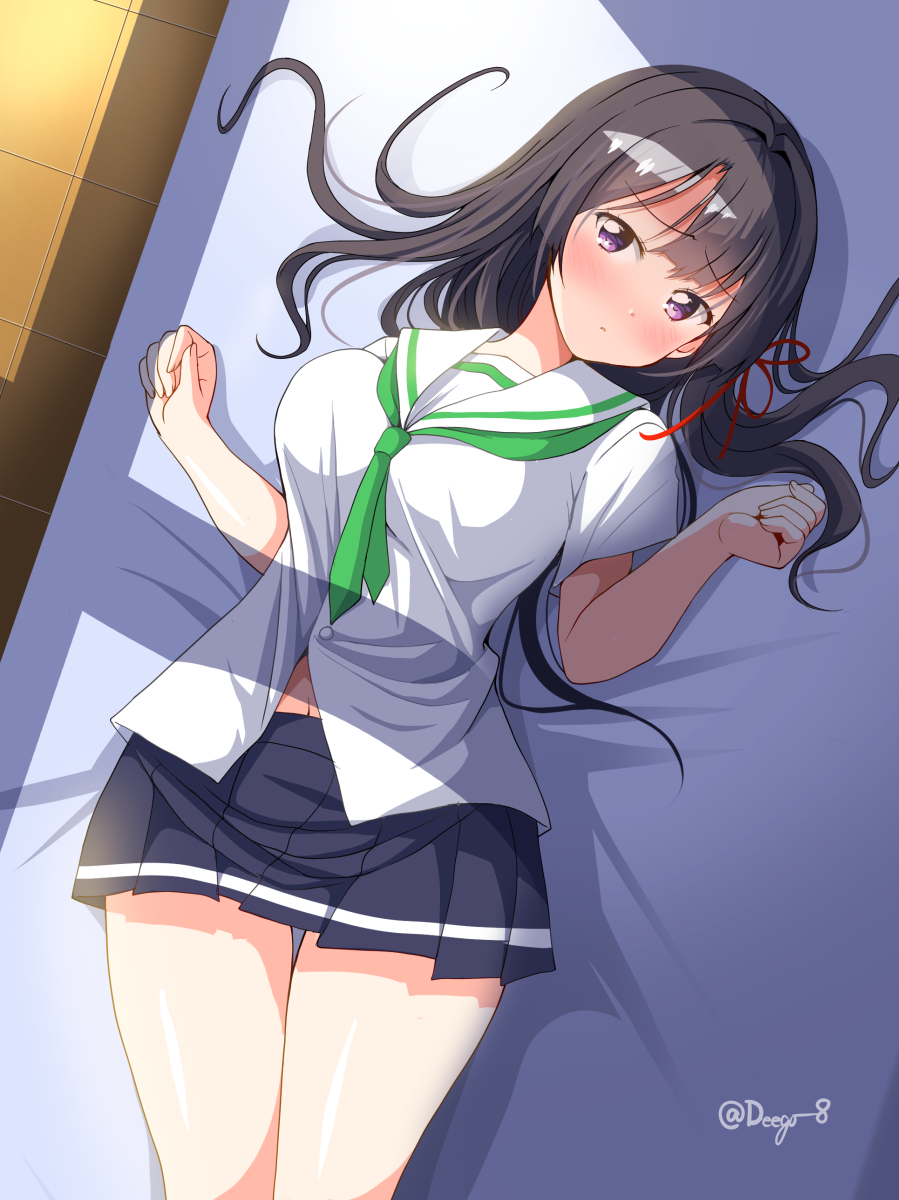 1girl bangs bed_sheet black_hair blush clenched_hand commentary_request deego_(omochi_bazooka) embarrassed from_above hair_ribbon highres legs_together long_hair looking_at_viewer lying navel on_bed original pleated_skirt purple_eyes ribbon sailor_collar skirt solo twitter_username uniform white_sailor_collar yura_kanade